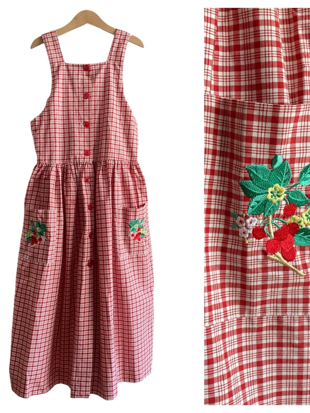 Jacadi Vintage Red Plaid Embroidered Berries Pinafore Dress 12